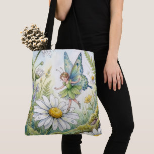 Bolsa Tote Borboleta Fada Em um Jardim de Margaridas