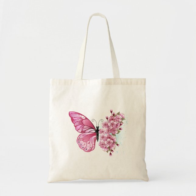 Bolsa Tote Borboleta Flor com Sakura Rosa (Frente)