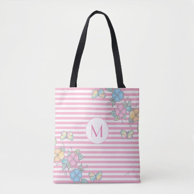 Bolsa Tote Borboleta Floral Riscada Monograma Rosa (Frente)