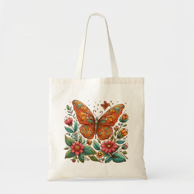 Bolsa Tote Borboleta laranja com flores (Frente)