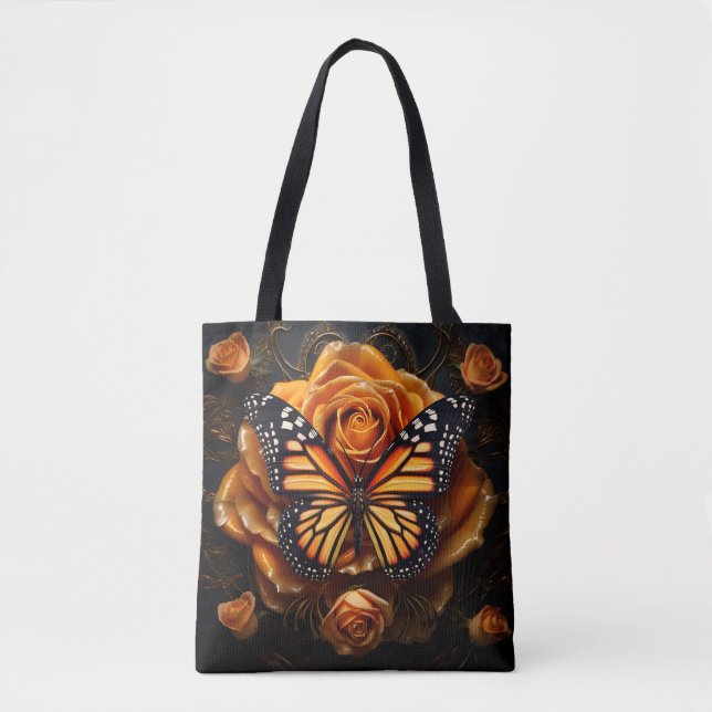 Bolsa Tote Borboleta monarca laranja impressionante com rosas (Frente)