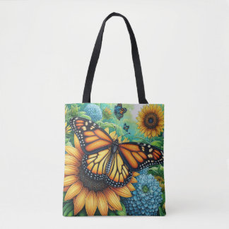 Bolsa Tote Borboleta Monarch descansando em Sunflower
