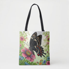 Bolsa Tote Borboleta Negra Aproveitando Flores no Jardim
