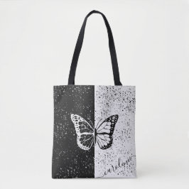 Bolsa Tote Borboleta Negra e Branco Nome Personalizado Elegan