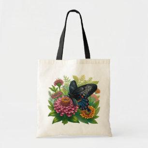 Bolsa Tote Borboleta Negra Salvando Zinônia Rosa Entre Verde