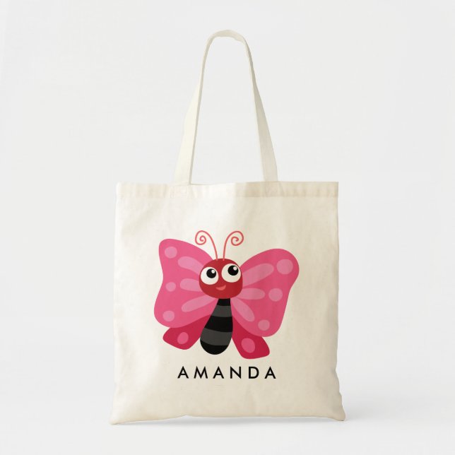 Bolsa Tote Borboleta rosa branca adicione seu nome (Frente)