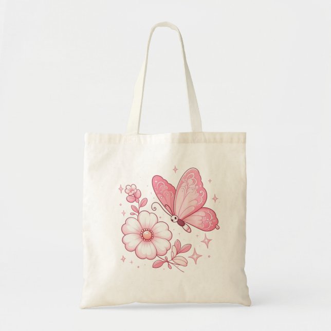 Bolsa Tote Borboleta rosa e flores (Frente)