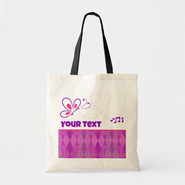 Bolsa Tote Borboleta Rosa e Roxa Coração Personalizado (Frente)