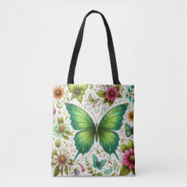 Bolsa Tote Borboleta Verde cercada por flor