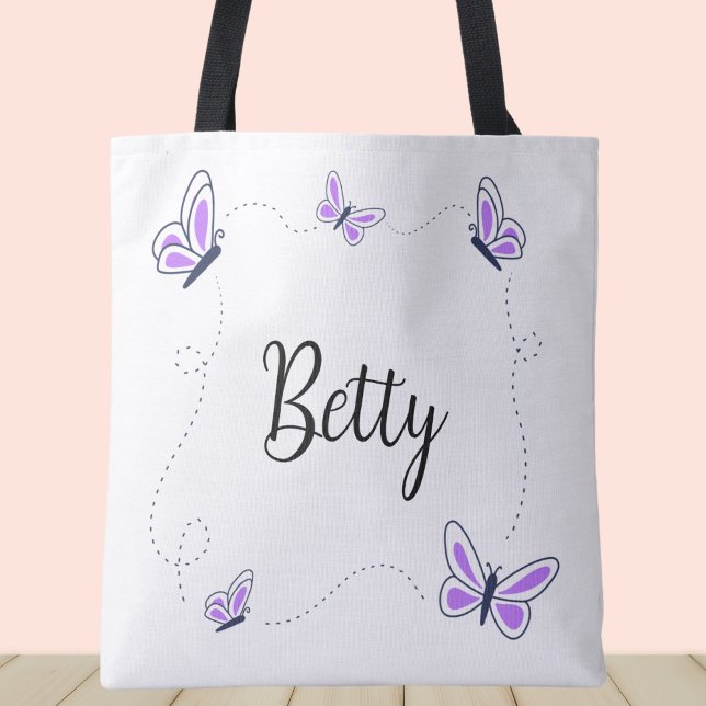 Bolsa Tote Borboletas brancas e roxas (Purple butterflies custom name tote bag.)