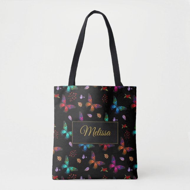 Bolsa Tote Borboletas coloridas elegantes em preto (Frente)