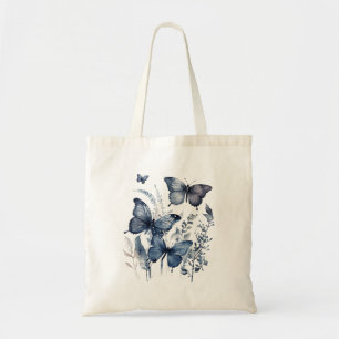 Bolsa Tote Borboletas de arte brancas e azuis com flores