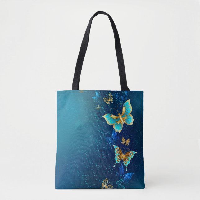 Bolsa Tote Borboletas de Ouro em um fundo azul (Frente)