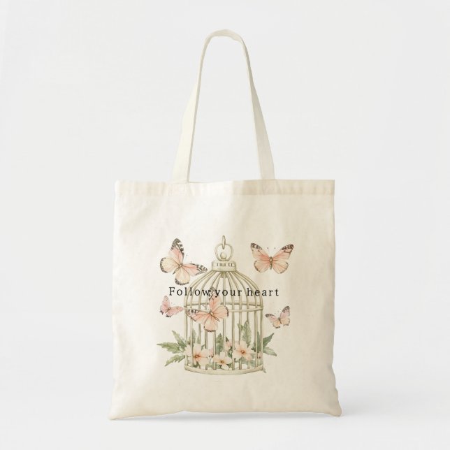 Bolsa Tote Borboletas de Pêssego Gaiola Floral (Frente)