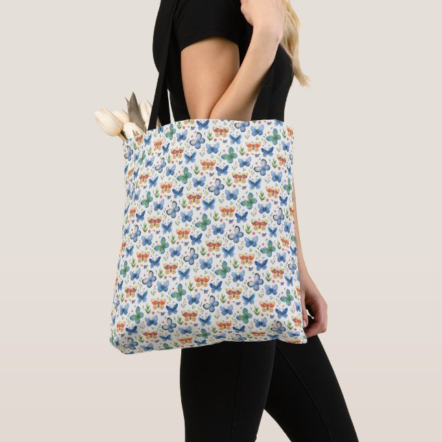 Bolsa Tote Borboletas e Flores Amarelas Azuis Verdes (Close Up)