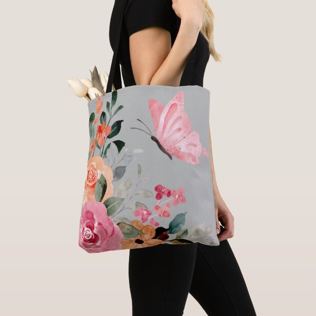 Bolsa Tote Borboletas e flores de aquarelas (Close Up)