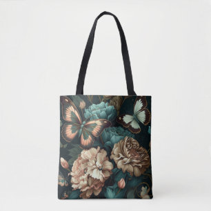 Bolsa Tote Borboletas e flores design clássicas escuras