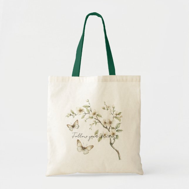 Bolsa Tote Borboletas Flores Árvore Siga Seus Sonhos (Frente)