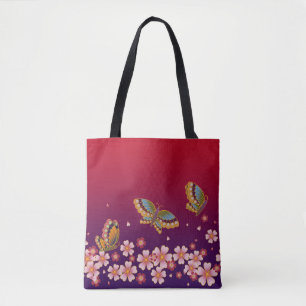 Bolsa Tote Borboletas Japonesas Em Sakura Brilha Vermelho