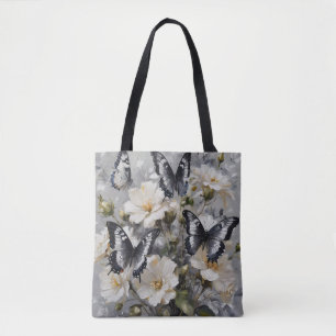 Bolsa Tote Borboletas Pretas E Brancas Em Flores Brancas,