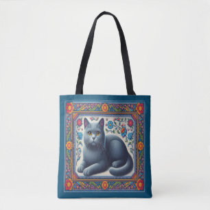 Bolsa Tote Borda Floral Colorida de Gato Azul Realista Russo