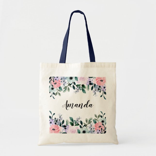 Bolsa Tote Borda Floral Cor Verde Púrpura Rosa (Frente)
