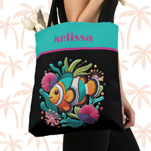 Bolsa Tote Bordados Tropicais Faux Turquoise Peixe Nome Rosa