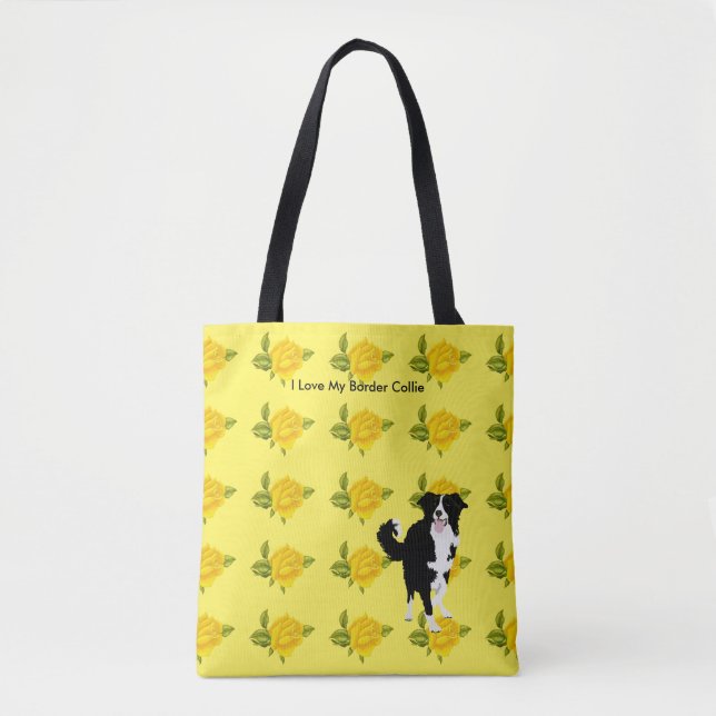 Bolsa Tote Border collie e rosas amarelos (Frente)