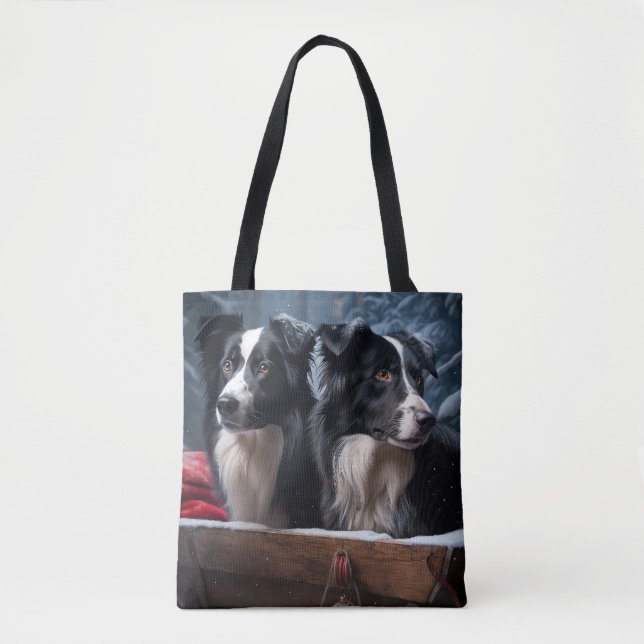 Bolsa Tote Border Collie Nevado Trineo Navidad Decoración  (Frente)