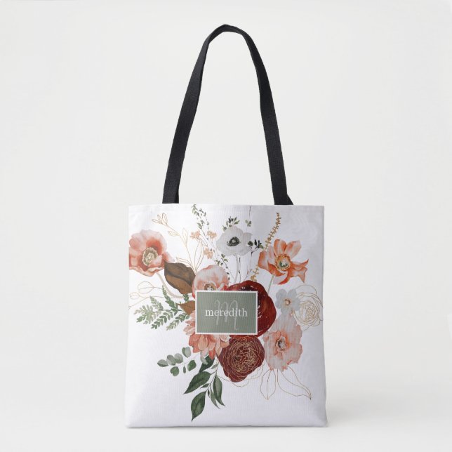 Bolsa Tote Borgonha e Aquarela Verde Floral Personalizado (Frente)