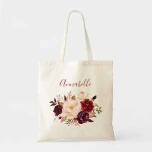 Bolsa Tote Borgonha e Esmagadora Marsala Floral & Nome ou Mon