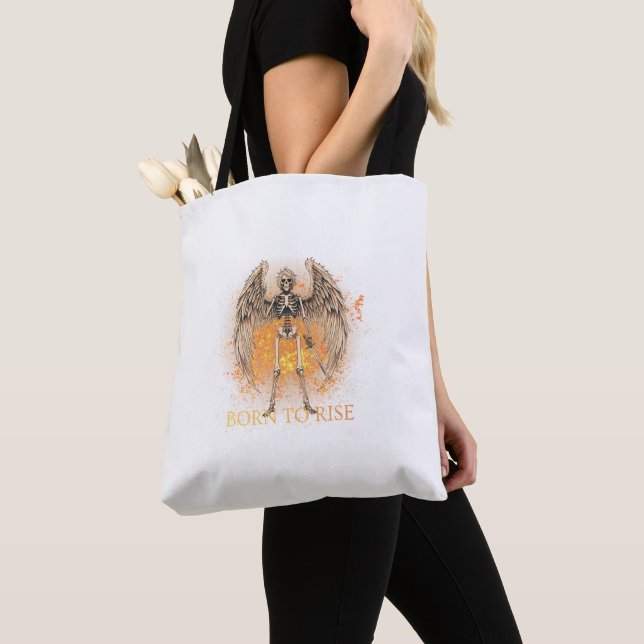 Bolsa Tote  Born to Rise – Skeleton Angel with Sword Design (Close Up)