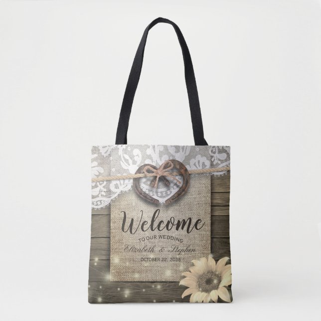 Bolsa Tote Bosferes Heart Sunflower Country Wedding Bem-vindo (Frente)