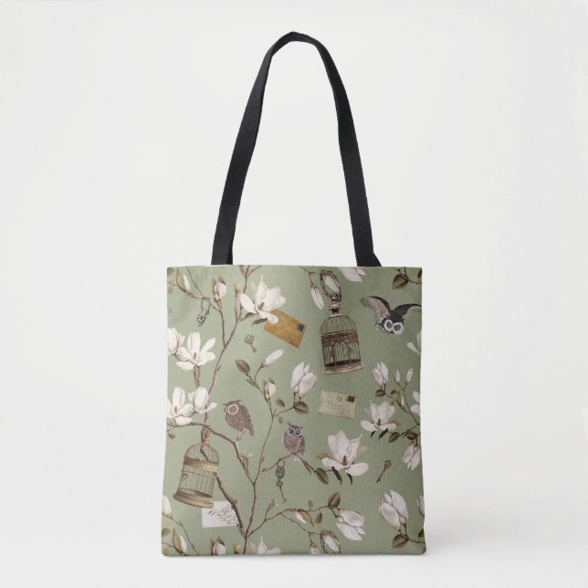 Bolsa Tote Bosque de Magnólia com Corujas em Verde Sálvia (Frente)