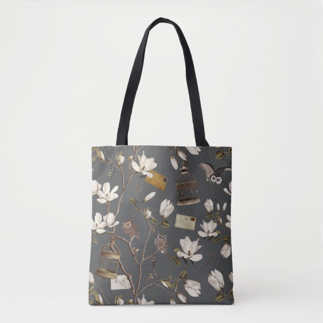 Bolsa Tote Bosque de Magnólias com Corujas em Cinza (Frente)