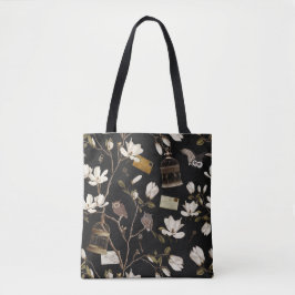 Bolsa Tote Bosque de Magnólias com Corujas em Preto