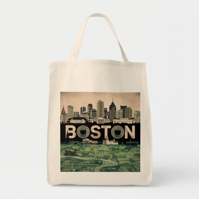 Bolsa Tote Boston, Massachusetts City Skyline com Mapa (Frente)