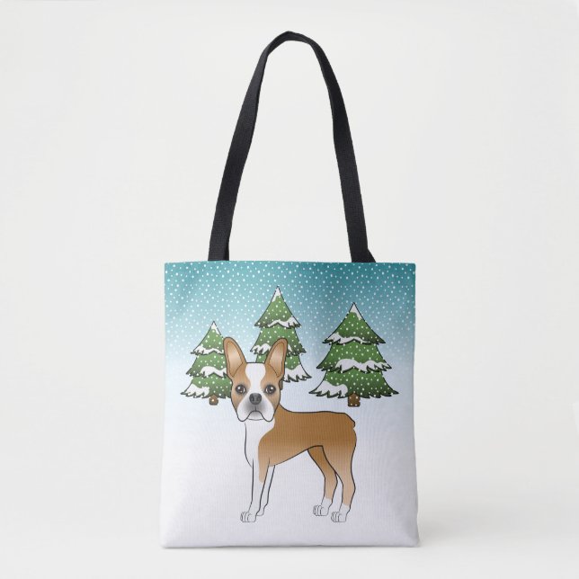 Bolsa Tote Boston Terrier Bege e Branco em uma Floresta de In (Frente)