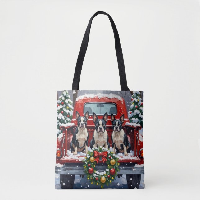Bolsa Tote Boston Terrier Christmas Red Truck Holiday (Frente)