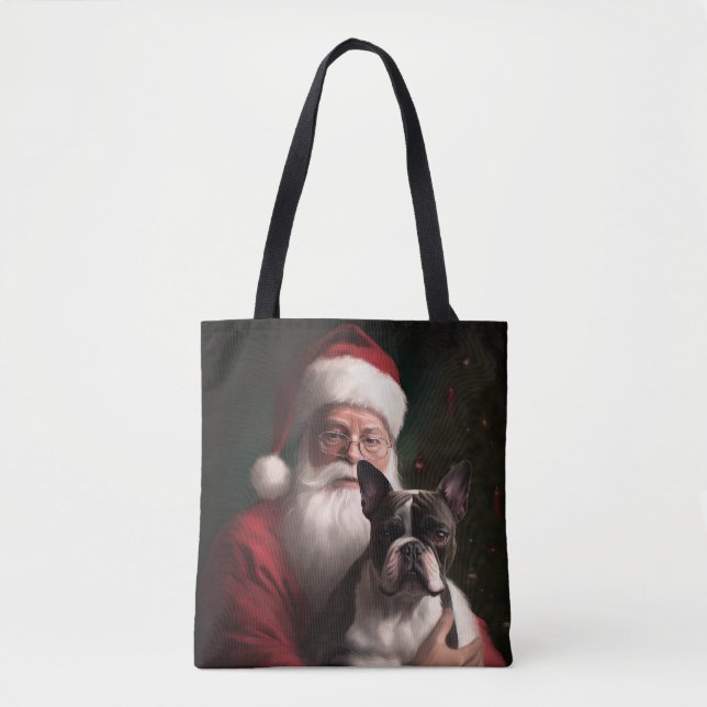 Bolsa Tote Boston Terrier com Papai Noel Natal Festivo (Frente)
