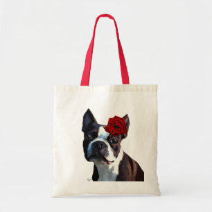 Bolsa Tote Boston Terrier com Rosa no cabeçalho 2