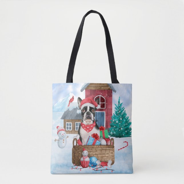 Bolsa Tote Boston Terrier Dog Na Casa Dos Cachorros De Natal  (Frente)