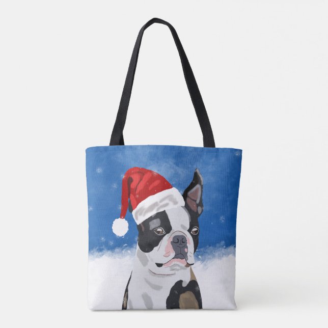 Bolsa Tote Boston Terrier Dog no Natal da Neve Feriado Feliz (Verso)