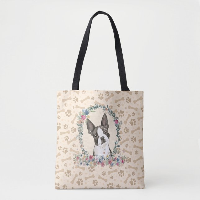 Bolsa Tote Boston Terrier Dog Paw Print & Dog Bone Cugado  (Frente)
