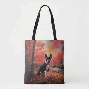 Bolsa Tote Boston Terrier nas Folhas de Outono Caindo Inspira