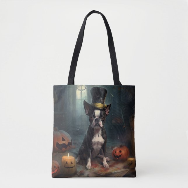 Bolsa Tote Boston Terrier Pumpkins Halloween Assustado (Frente)