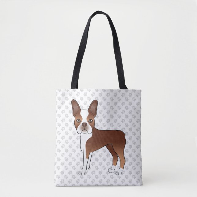 Bolsa Tote Boston Terrier Vermelho e Branco Cachorro de Desen (Frente)