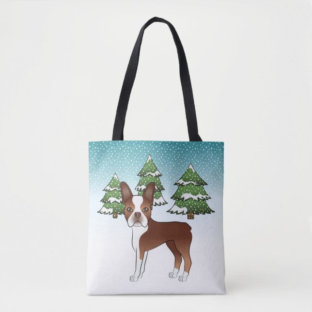Bolsa Tote Boston Vermelha E Branca Terrier Em Um Inverno (Frente)