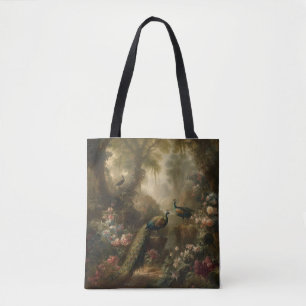 Bolsa Tote Botânica: três pavões no jardim inglês