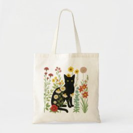 Bolsa Tote Botanical Nature – Black Cat in Wildflower Garden